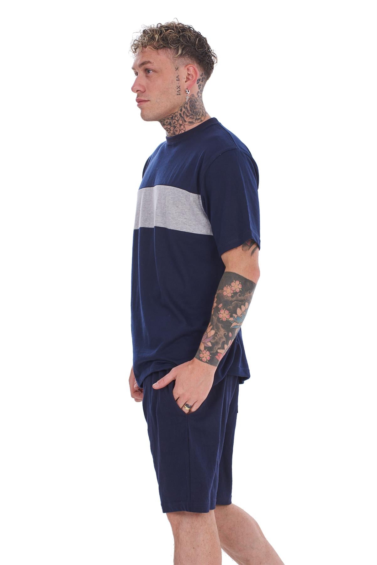 Pyjama Set Shorts Cotton Jersey Round Neck Loungewear Striped T-Shirt Nightwear