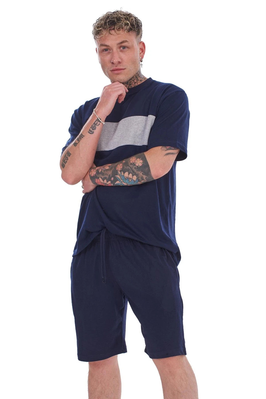 Pyjama Set Shorts Cotton Jersey Round Neck Loungewear Striped T-Shirt Nightwear