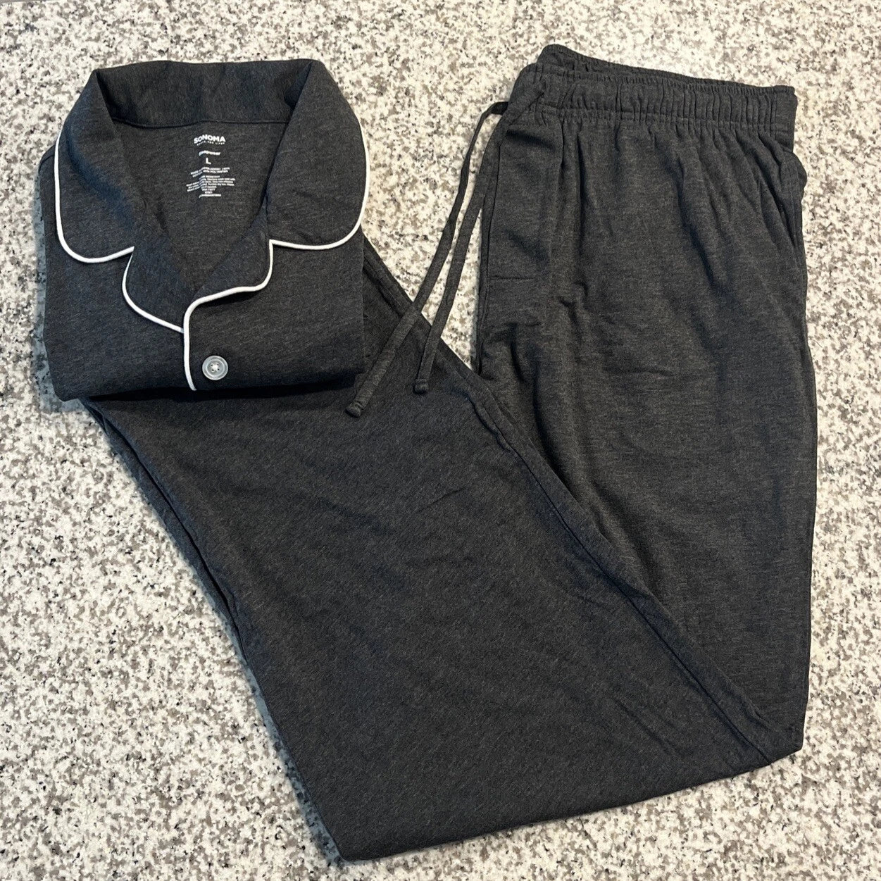 Sonoma Sleepwear 2 Piece Men Size L Dark Gray, Long Sleeve, Pockets,buttons.