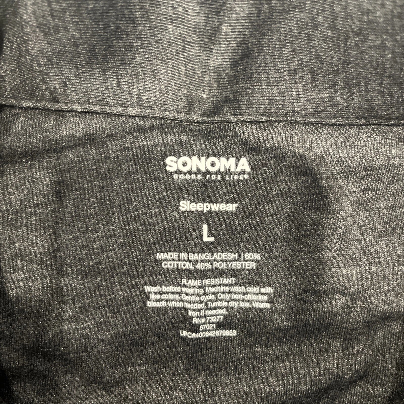 Sonoma Sleepwear 2 Piece Men Size L Dark Gray, Long Sleeve, Pockets,buttons.