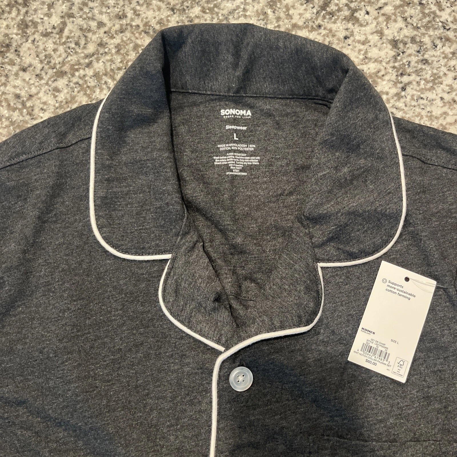 Sonoma Sleepwear 2 Piece Men Size L Dark Gray, Long Sleeve, Pockets,buttons.