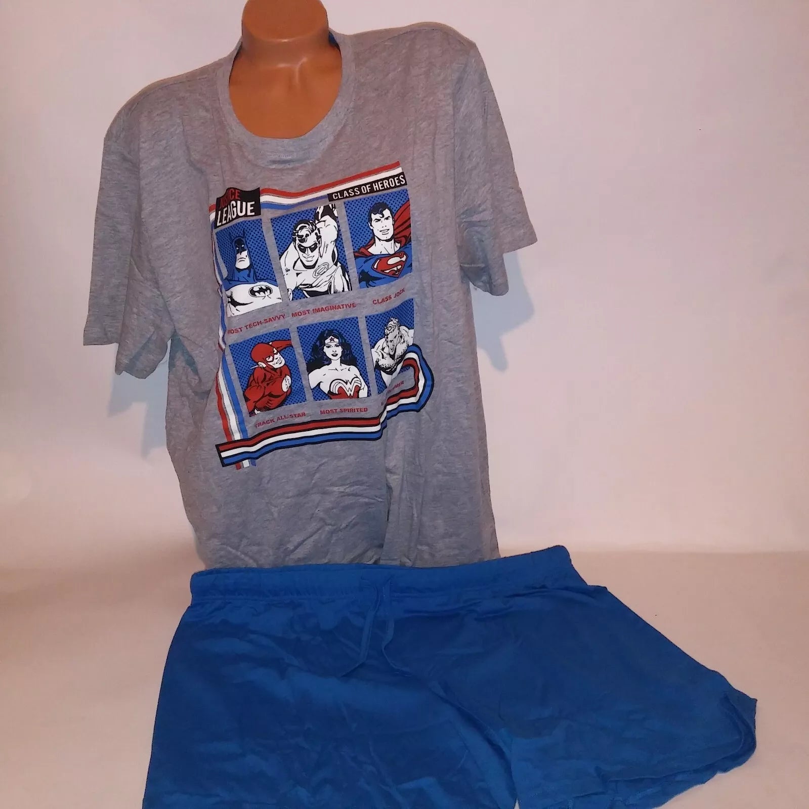 Justice League Pajama Set Top & Bottom Mens Blue Gray Graphic Tee Short Sleeve