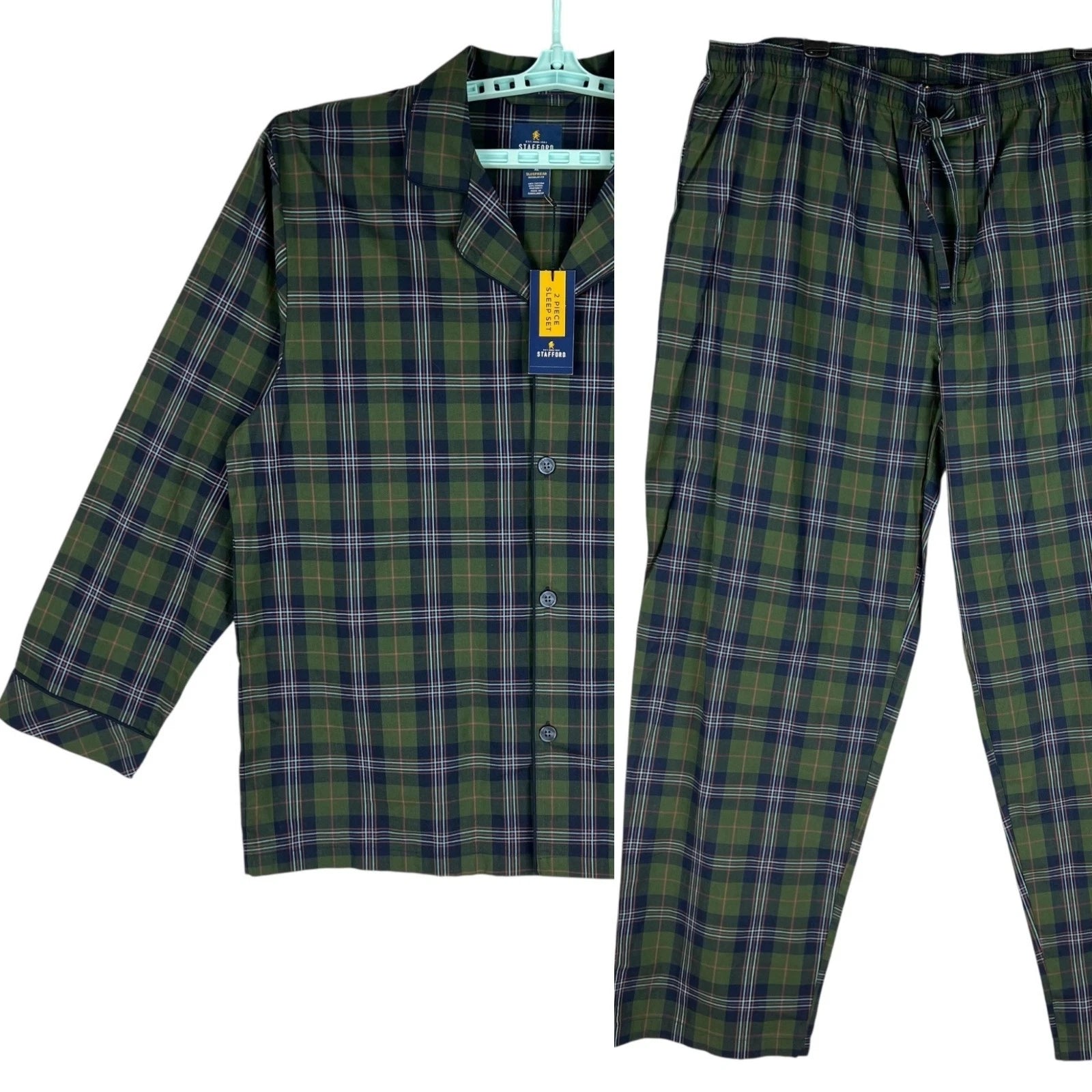 Stafford Men's Regular Fit Olive Plaid 2 Pieces Sleepwear Set Size XL Olive NWT