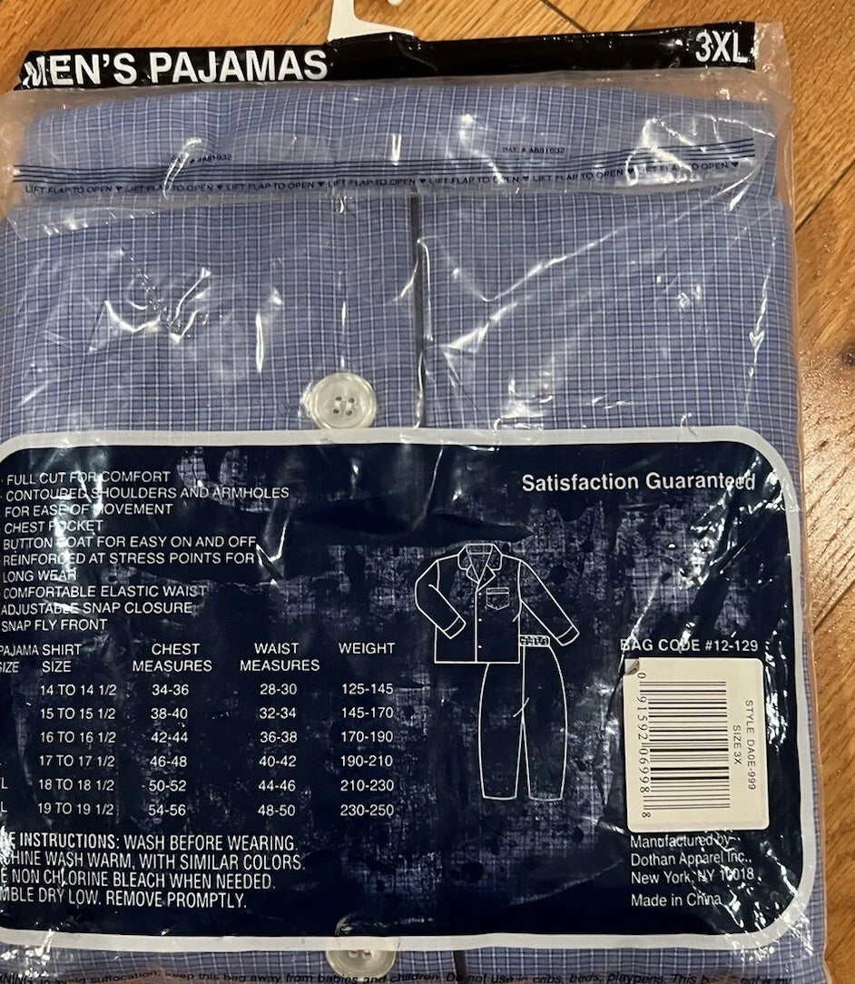 Puritan Men's Pajamas 3X New Old Stock Blue Plaid Long Sleeve Long Leg