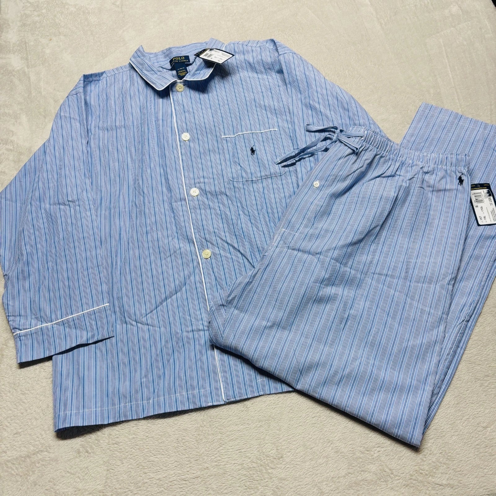 Polo Ralph Lauren Mens XL Sleep Set Striped Blue Button Down Pajama Shirt Pants