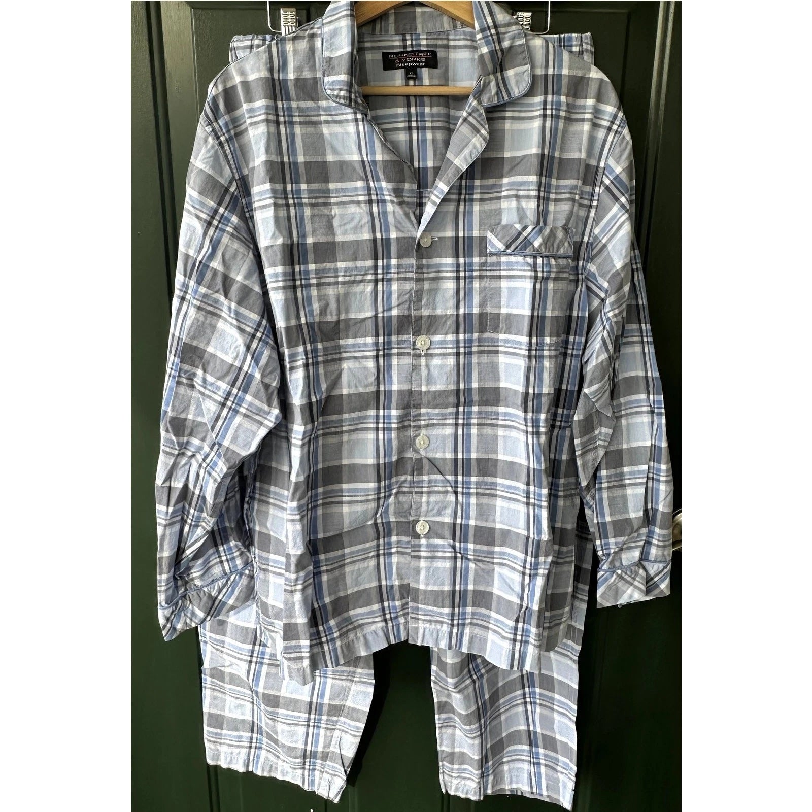 Roundtree & Yorke Sz XL 100% Cotton Pajama Set Blue Plaid Preppy Loungewear PJ's