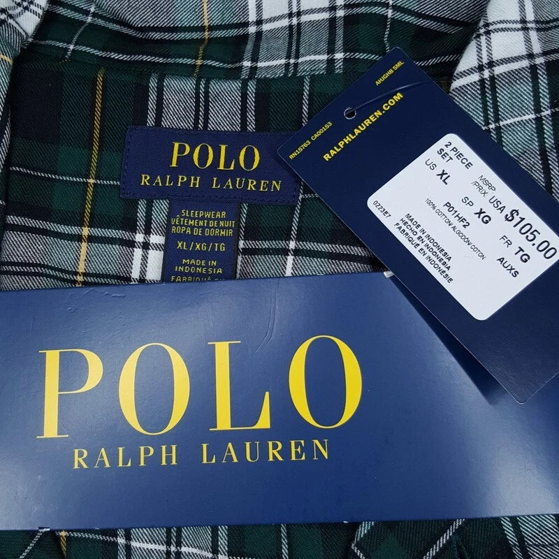 POLO RALPH LAUREN Sleepwear Mens XL Green Plaid Pajama Set Cotton PJs $105