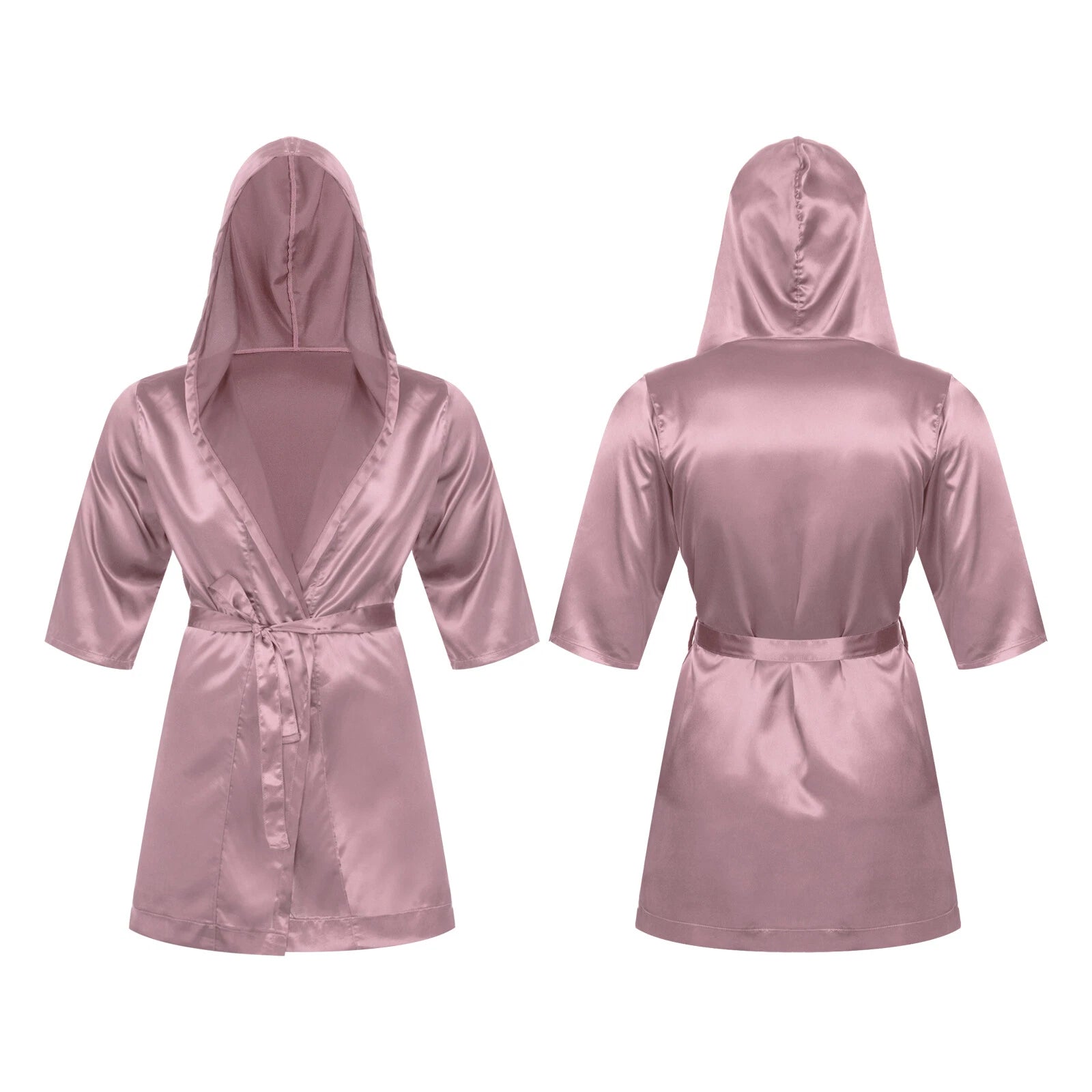 Men's Silk Satin Pajamas Hooded Bathrobe with Belted Set Bath Robe Sleepwear