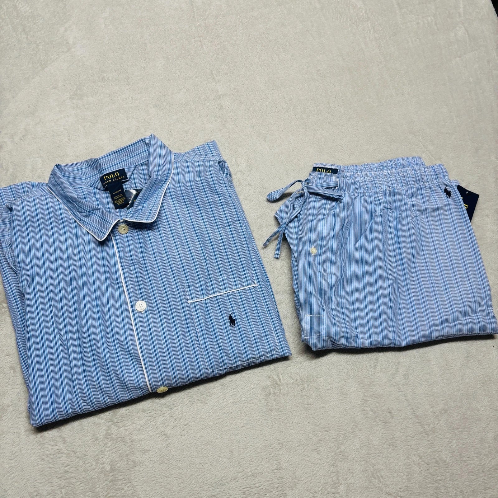 Polo Ralph Lauren Mens XL Sleep Set Striped Blue Button Down Pajama Shirt Pants