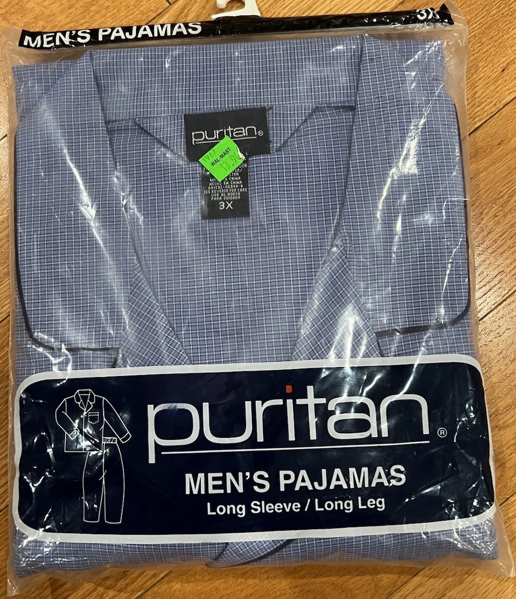 Puritan Men's Pajamas 3X New Old Stock Blue Plaid Long Sleeve Long Leg
