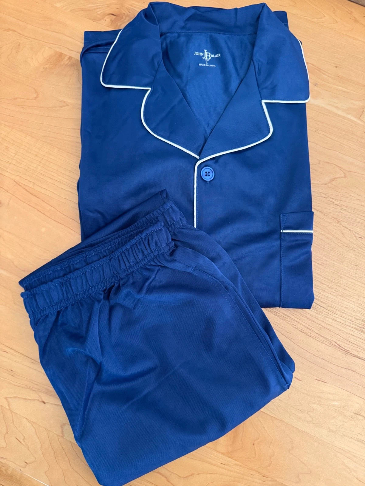 Satin TRICOT 2 Pc Pajama Set Navy Mens L LS Top W/Pull on Bottoms John BLAIR