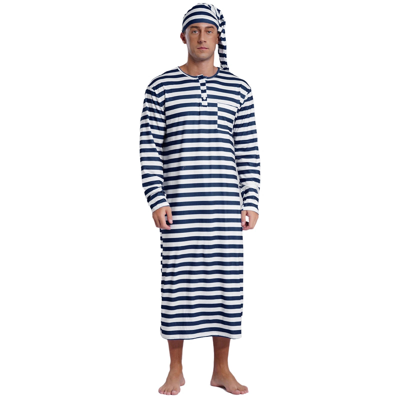 Men's Nightshirt Striped Loose Sleepwear Night Pajama Set Robe with Sleeping Cap