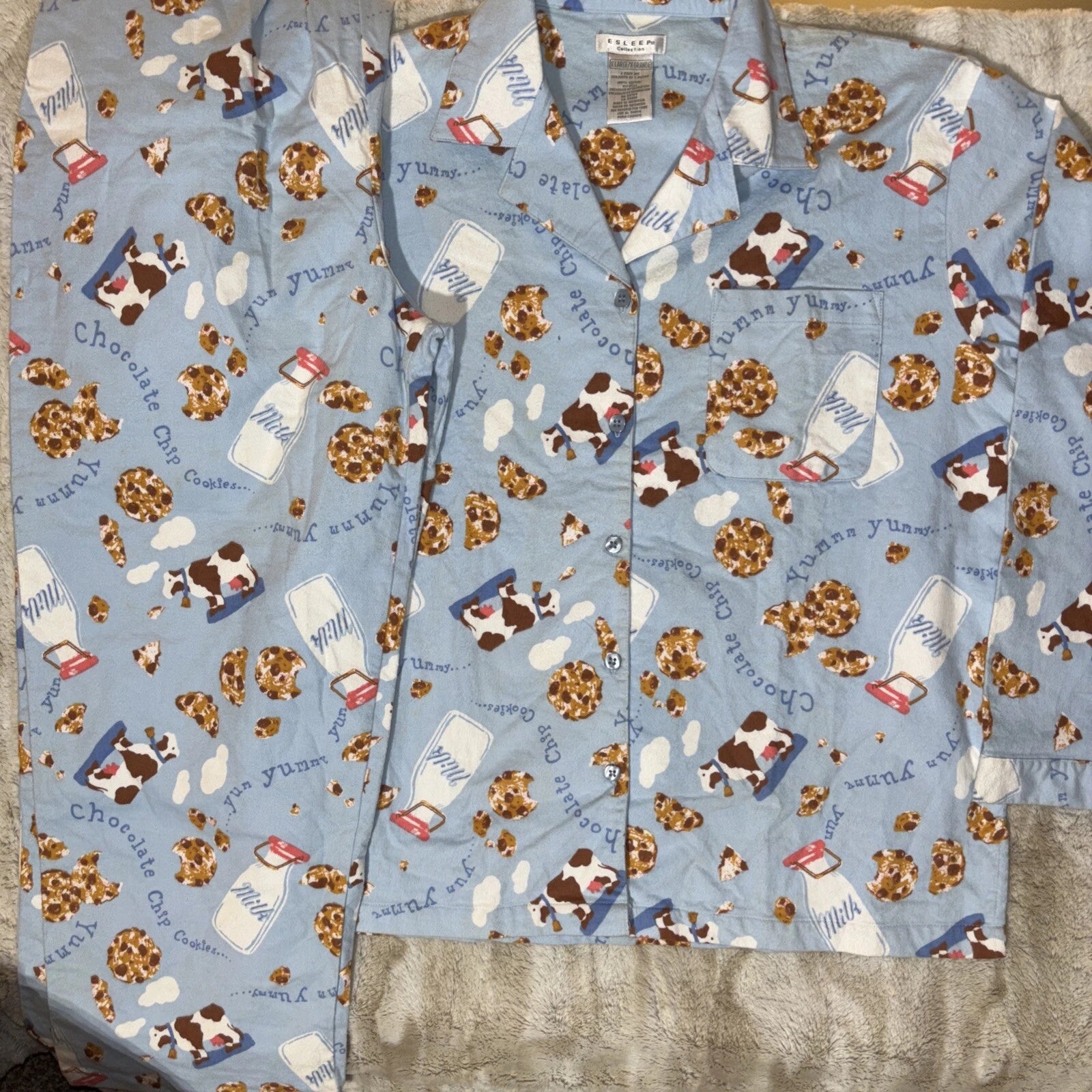 Vintage 90’s ESLEEP Pajamas Set Sz XL Cows Milk Cookies New Pants Top Loungewear