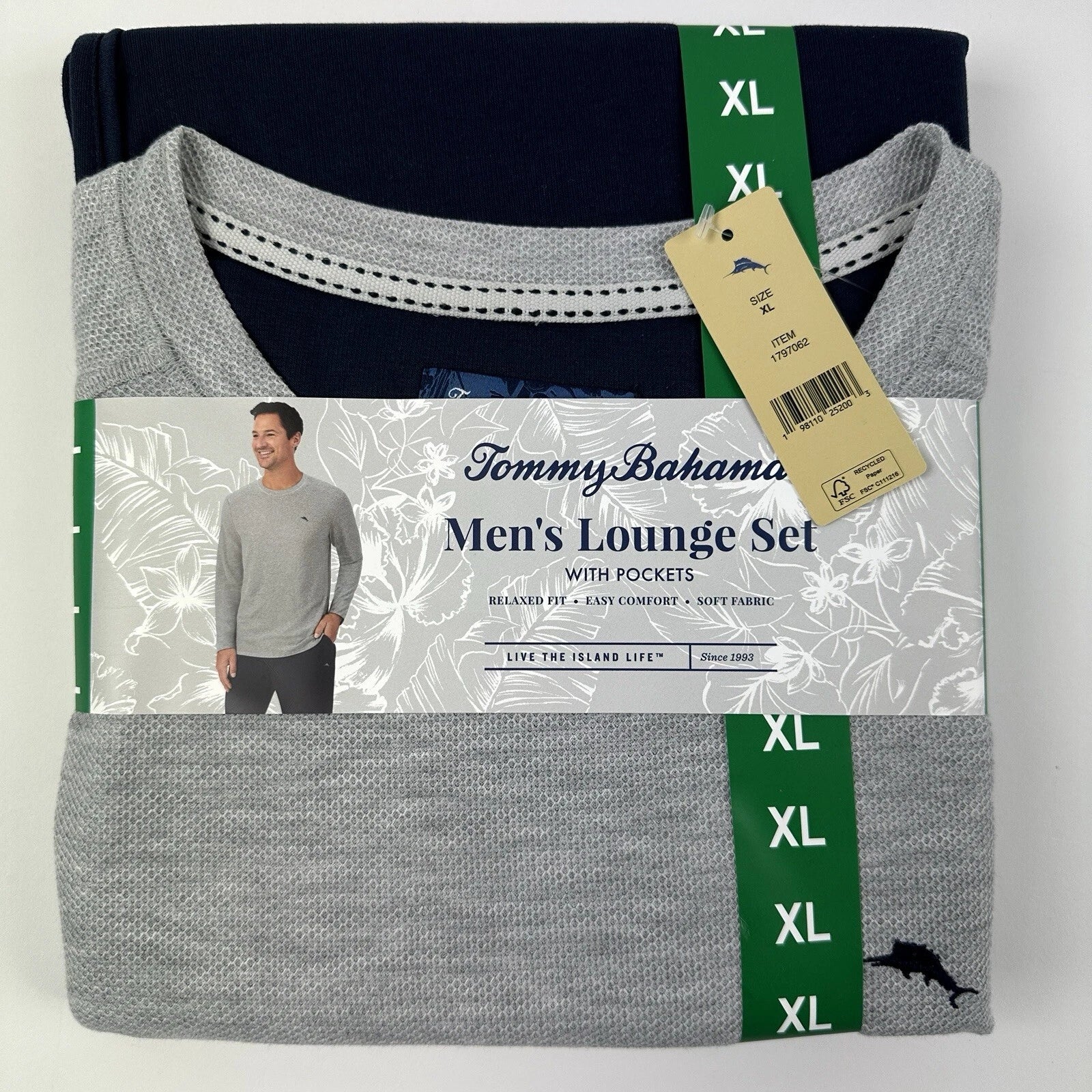 Tommy Bahama Pajamas Men's XL Blue Grey Waffle Lounge Set 2-Piece Pants Shirt