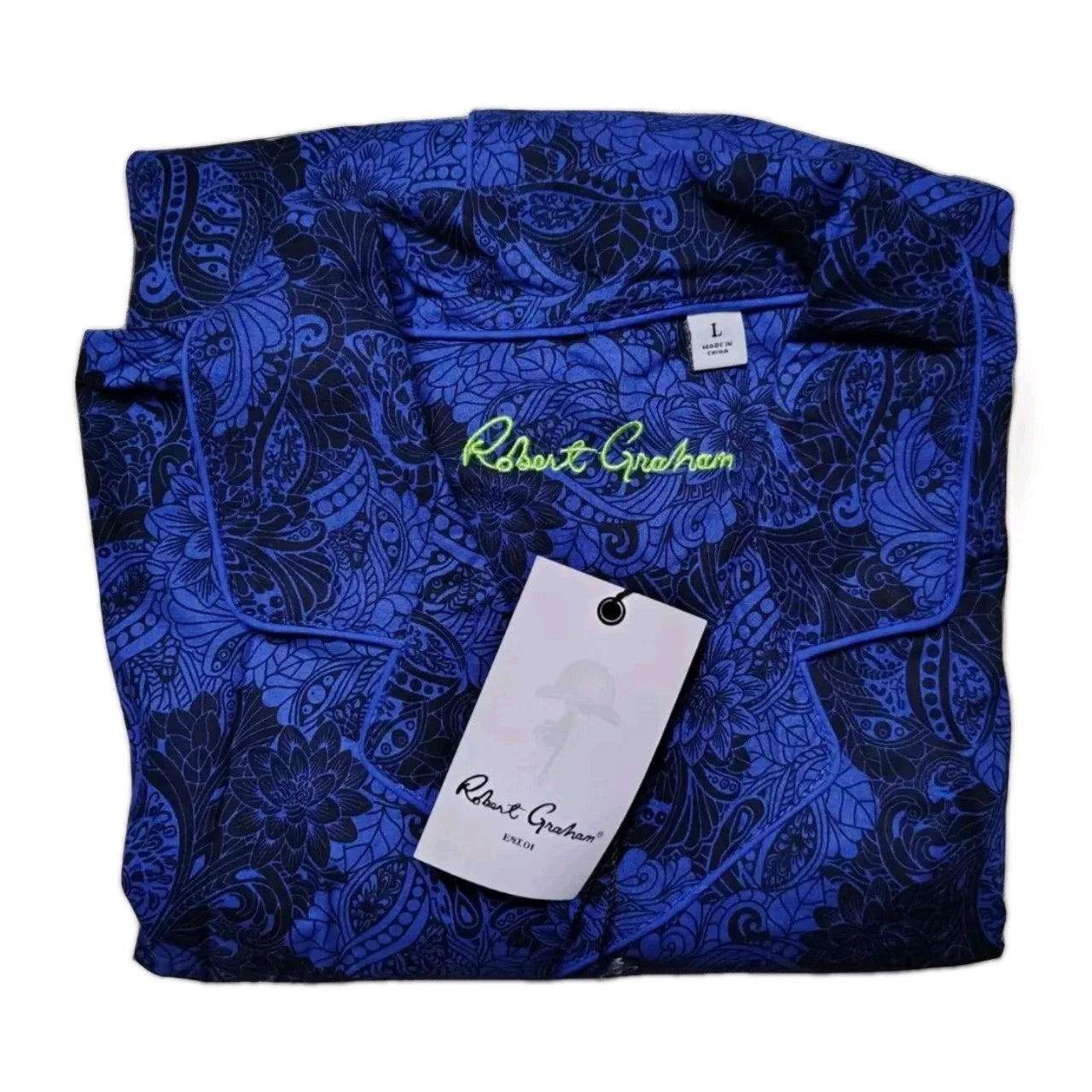Robert Graham Men's Pajama 2-Piece Set Blue Black Floral Paisley Size Large NWT