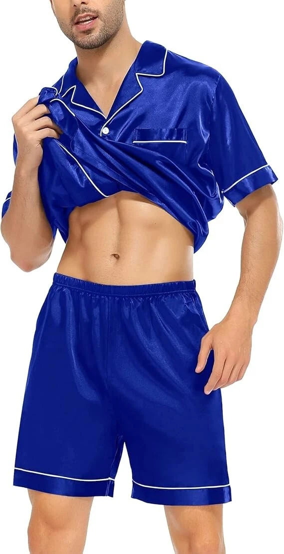 SWOMOG Pyjama Set for Men Short Sleeve Pyjamas Set with Sorts, Blue Size L