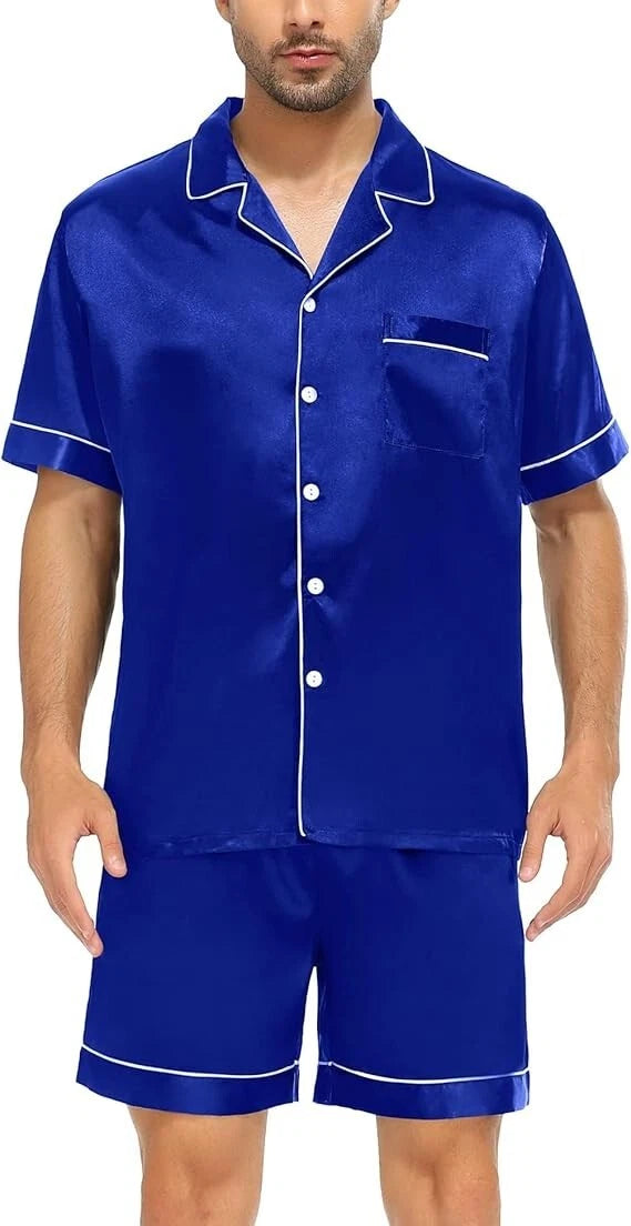 SWOMOG Pyjama Set for Men Short Sleeve Pyjamas Set with Sorts, Blue Size L