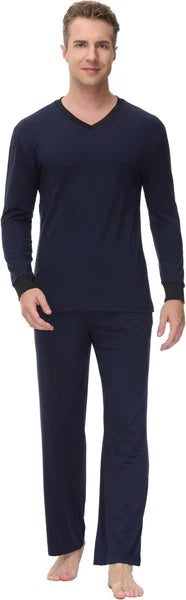INK+IVY Men Sleepwear Pajama Set Cuffed Long Sleeve V-Neck T-Shirt BLUE