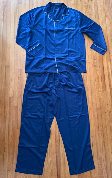 Satin TRICOT 2 Pc Pajama Set Navy Mens L LS Top W/Pull on Bottoms John BLAIR
