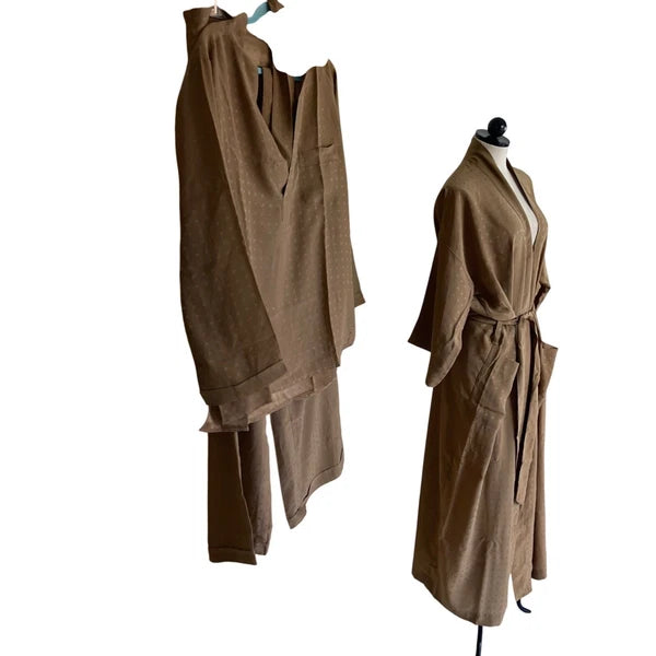 Vintage Mens Pajama Set Size 48 Tan 3 Piece Pockets Belted Pure Silk Italy