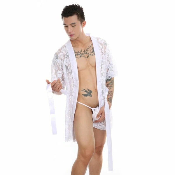 Men Lace Robe Gown Bathrobe Sissy Nightwear See Through Underwear Pajamas