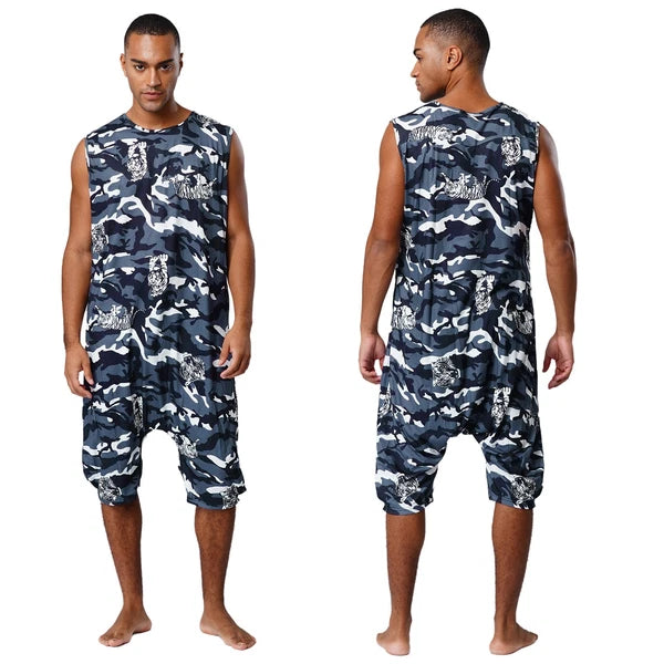 Men's Loose Romper Pajamas Jumpsuit Sleepwear Zipper Crotch One Piece Bodysuit