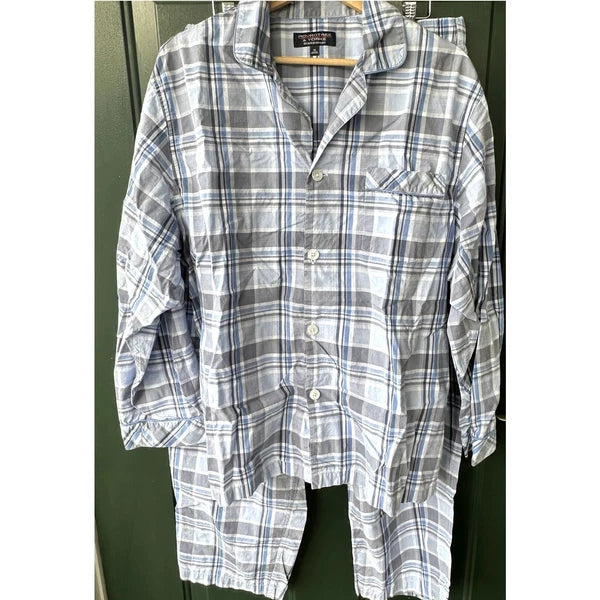 Roundtree & Yorke Sz XL 100% Cotton Pajama Set Blue Plaid Preppy Loungewear PJ's