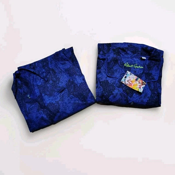 Robert Graham Men's Pajama 2-Piece Set Blue Black Floral Paisley Size Large NWT