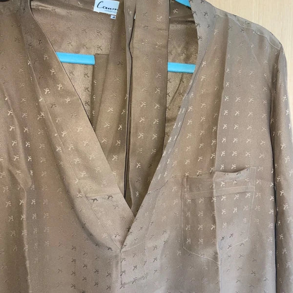 Vintage Mens Pajama Set Size 48 Tan 3 Piece Pockets Belted Pure Silk Italy