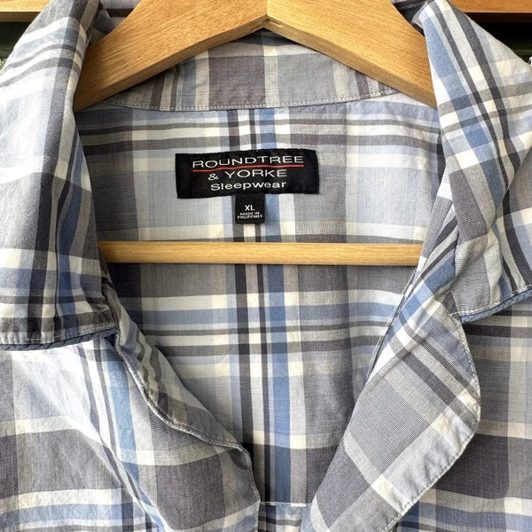 Roundtree & Yorke Sz XL 100% Cotton Pajama Set Blue Plaid Preppy Loungewear PJ's