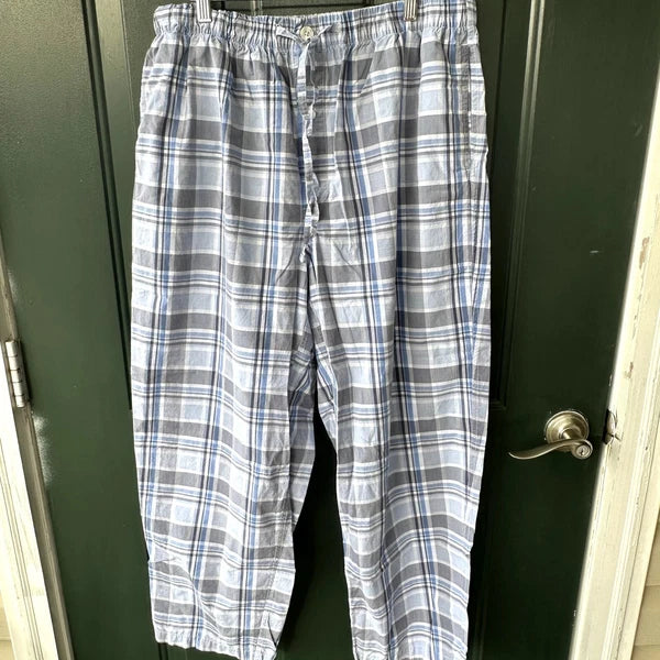 Roundtree & Yorke Sz XL 100% Cotton Pajama Set Blue Plaid Preppy Loungewear PJ's
