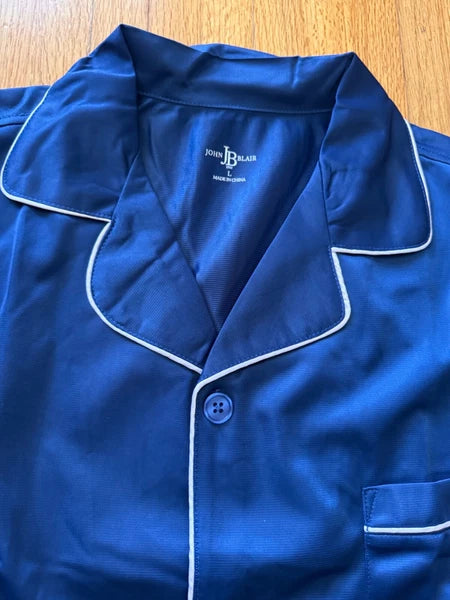 Satin TRICOT 2 Pc Pajama Set Navy Mens L LS Top W/Pull on Bottoms John BLAIR