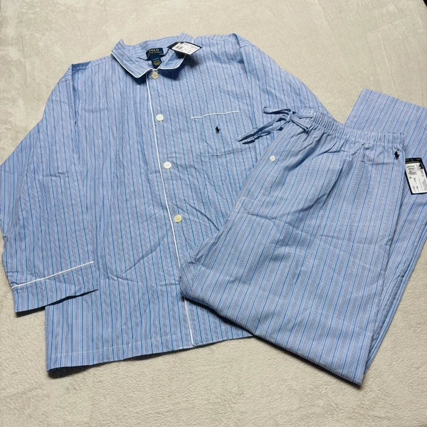 Polo Ralph Lauren Mens XL Sleep Set Striped Blue Button Down Pajama Shirt Pants