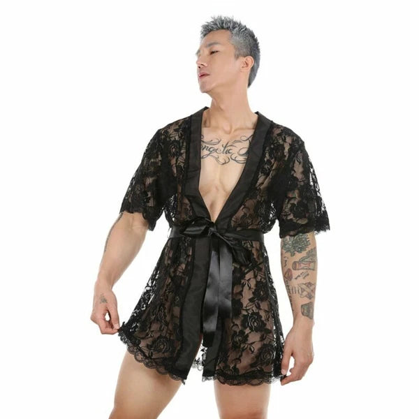 Men Lace Robe Gown Bathrobe Sissy Nightwear See Through Underwear Pajamas
