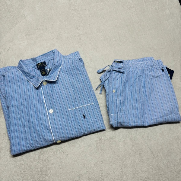 Polo Ralph Lauren Mens XL Sleep Set Striped Blue Button Down Pajama Shirt Pants