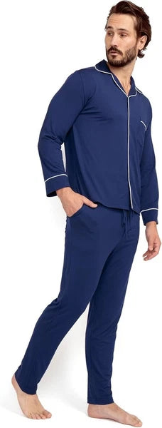 Ejis Men's Opulent Long Sleeve Micro Modal Navy Pajama Set