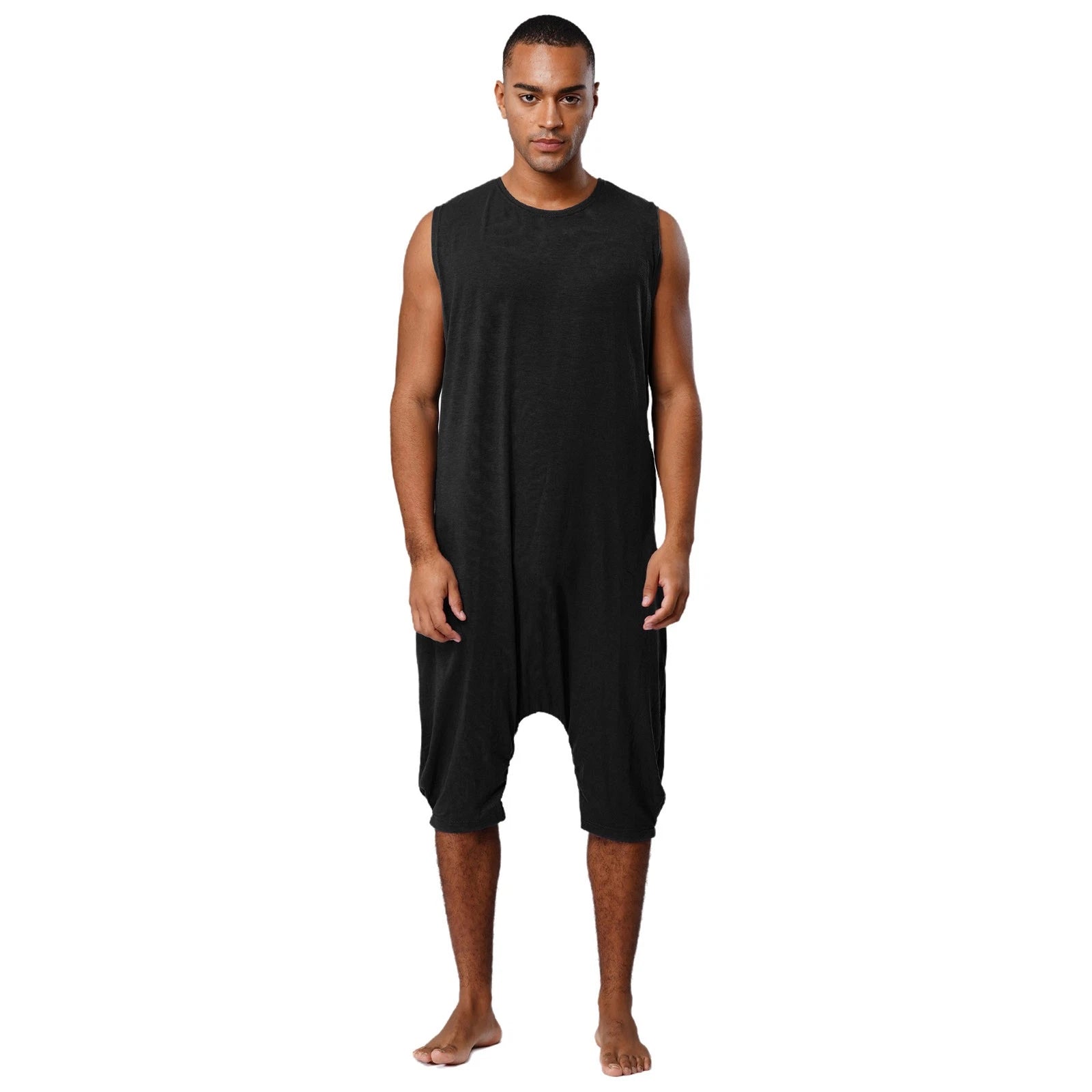Men's Loose Romper Pajamas Jumpsuit Sleepwear Zipper Crotch One Piece Bodysuit