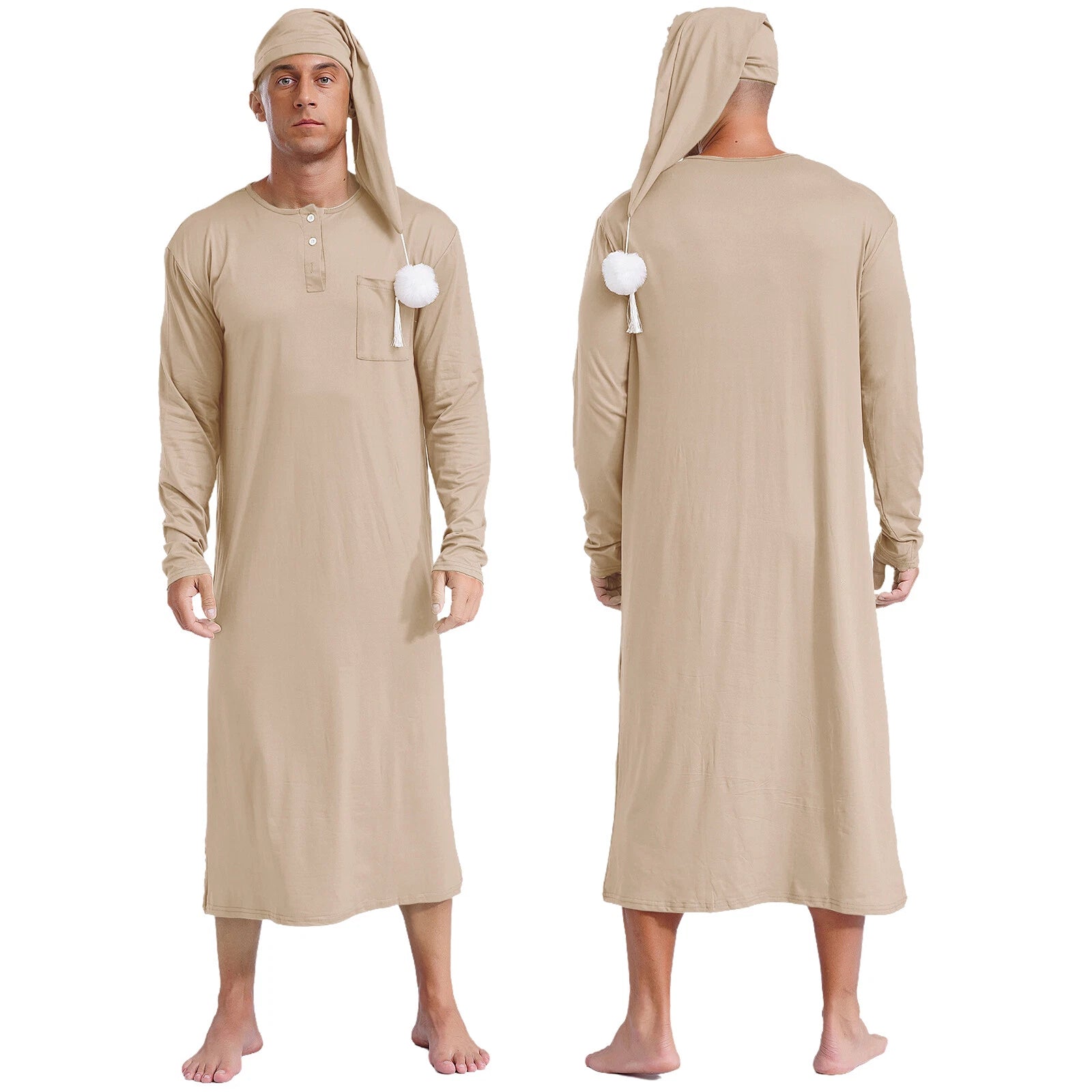 Men's Sissy Nightwear Loose Striped Robe Long Sleeve Nightshirt Cap Pajama Sets