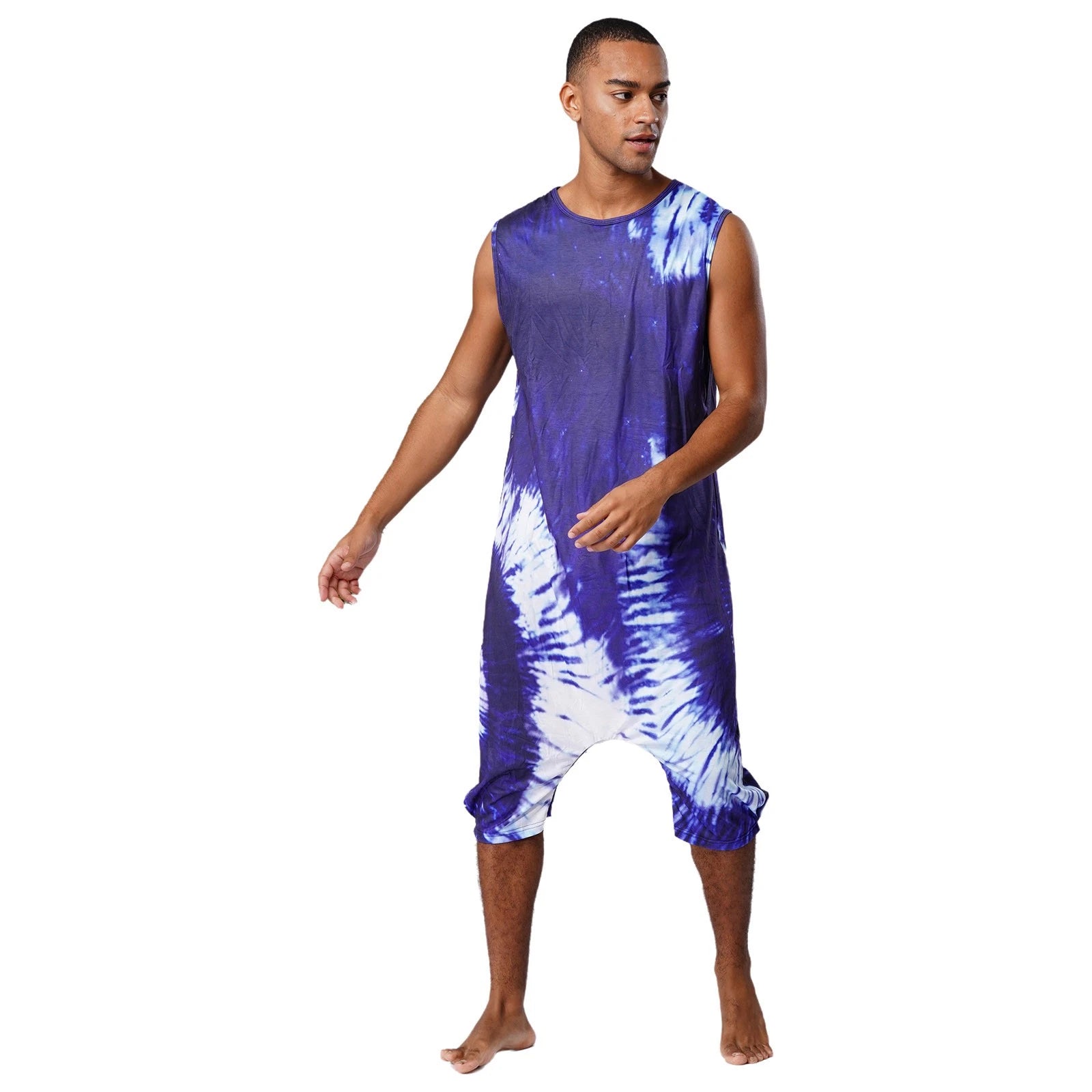 Men's Loose Romper Pajamas Jumpsuit Sleepwear Zipper Crotch One Piece Bodysuit