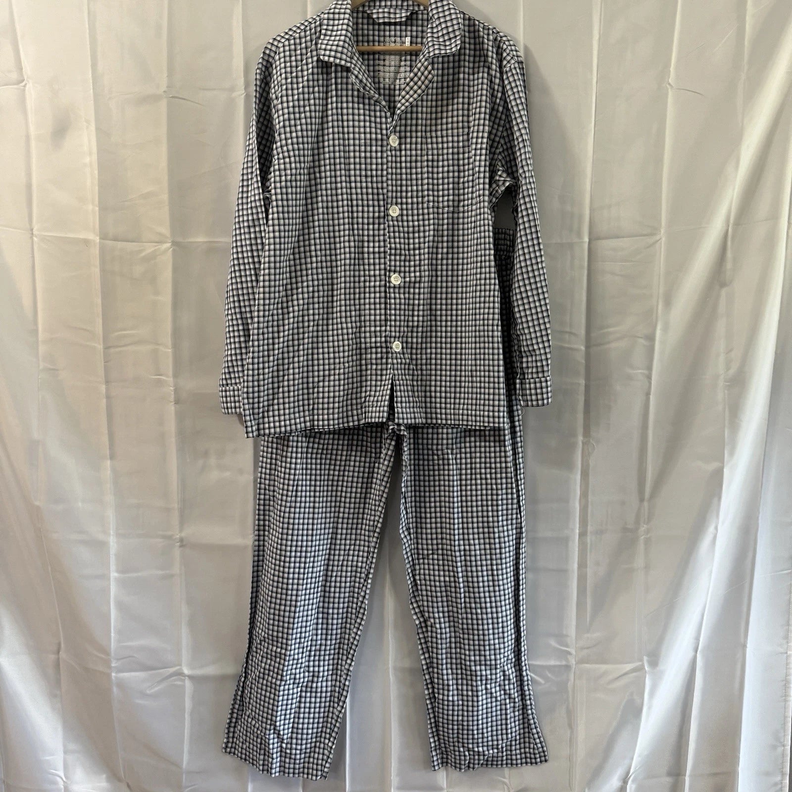 Fruit Of The Loom Pajama Set Mens Large Check White Blue Pjs Lounge Wear Grandpa