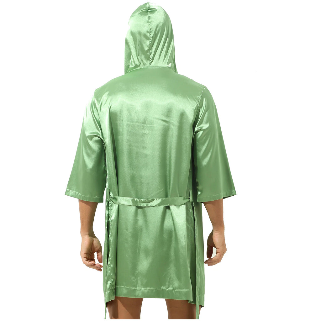 Mens Robes Silky Satin Hooded Bathrobe Luxurious Pyjama Set Nightgowns Sleepwear