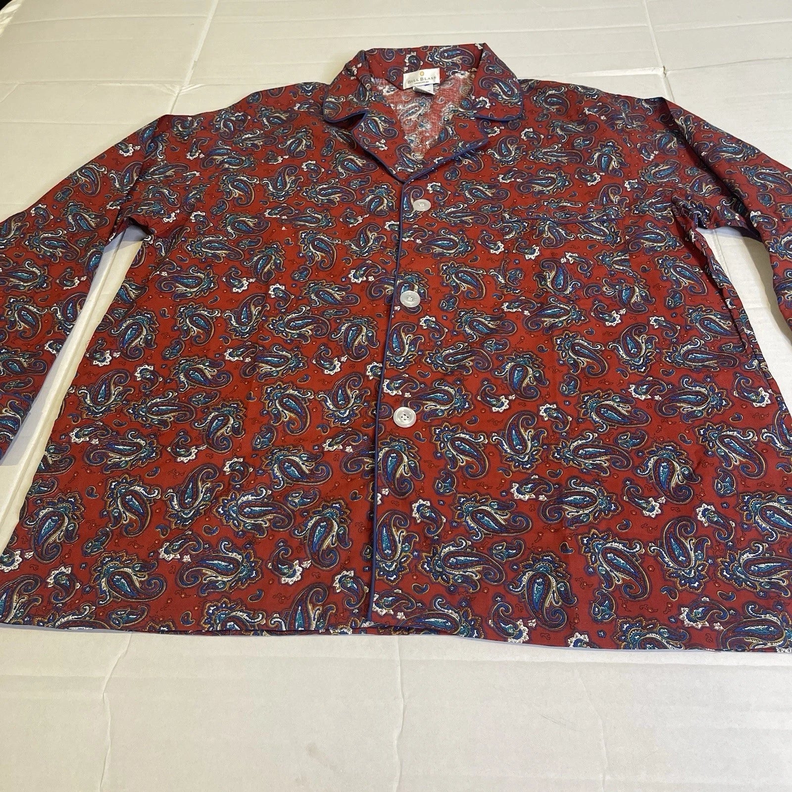 Bill Blass Men’s Pajama Set 2 Piece Paisley Print Blue Red Large 100% Cotton