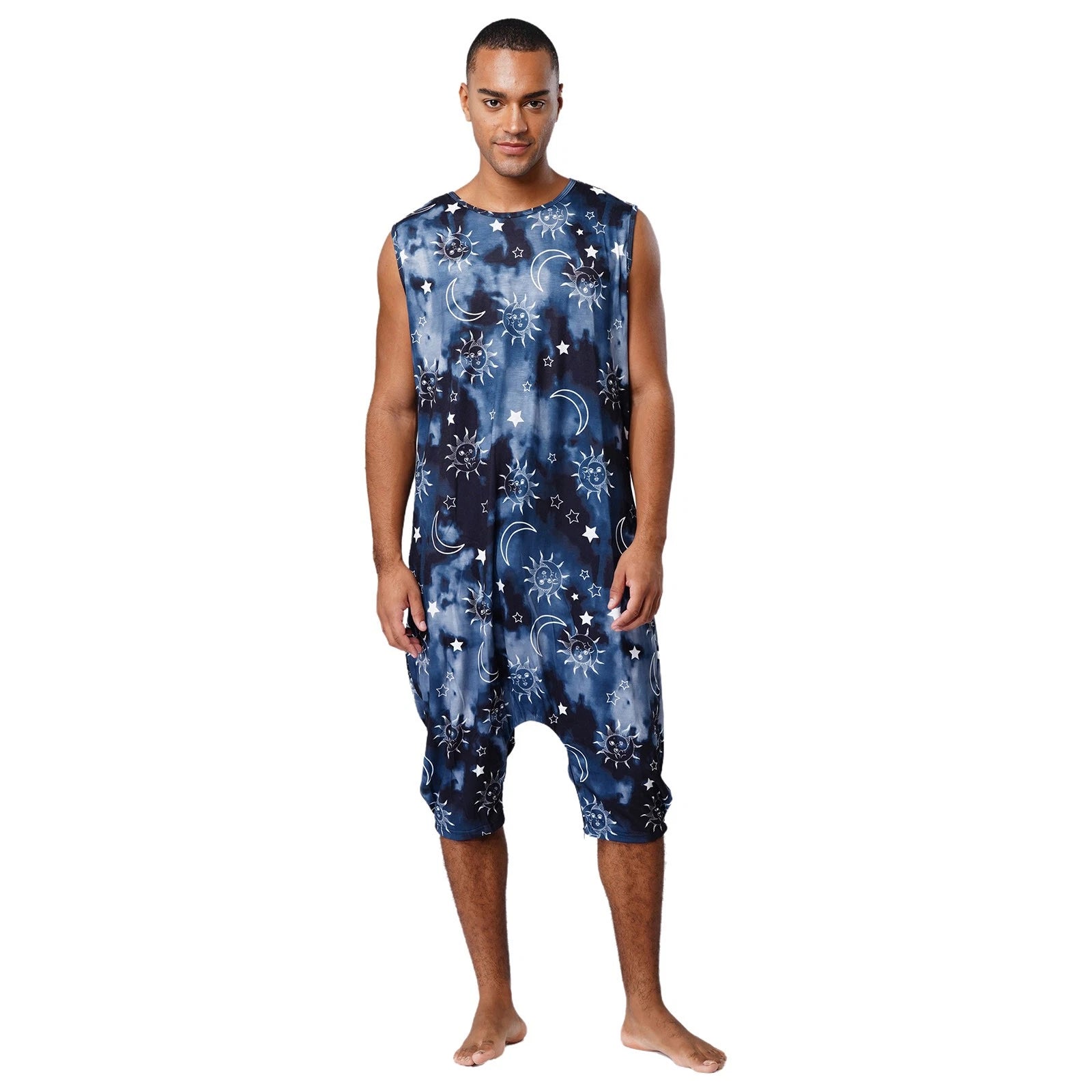 Men's Loose Romper Pajamas Jumpsuit Sleepwear Zipper Crotch One Piece Bodysuit