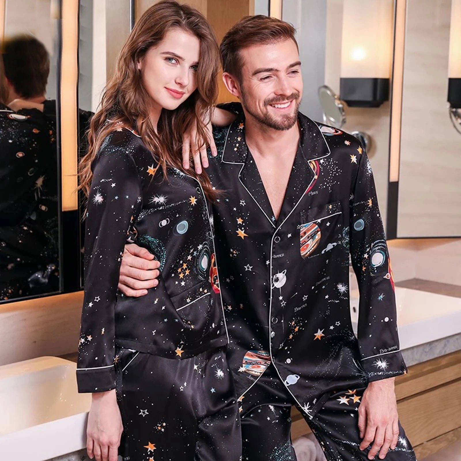 Men's 100% Pure Mulberry Silk Pajamas Set Print Silk Sleepwear Black