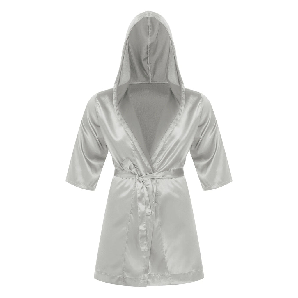 Men's Silk Satin Pajamas Hooded Bathrobe with Belted Set Bath Robe Sleepwear
