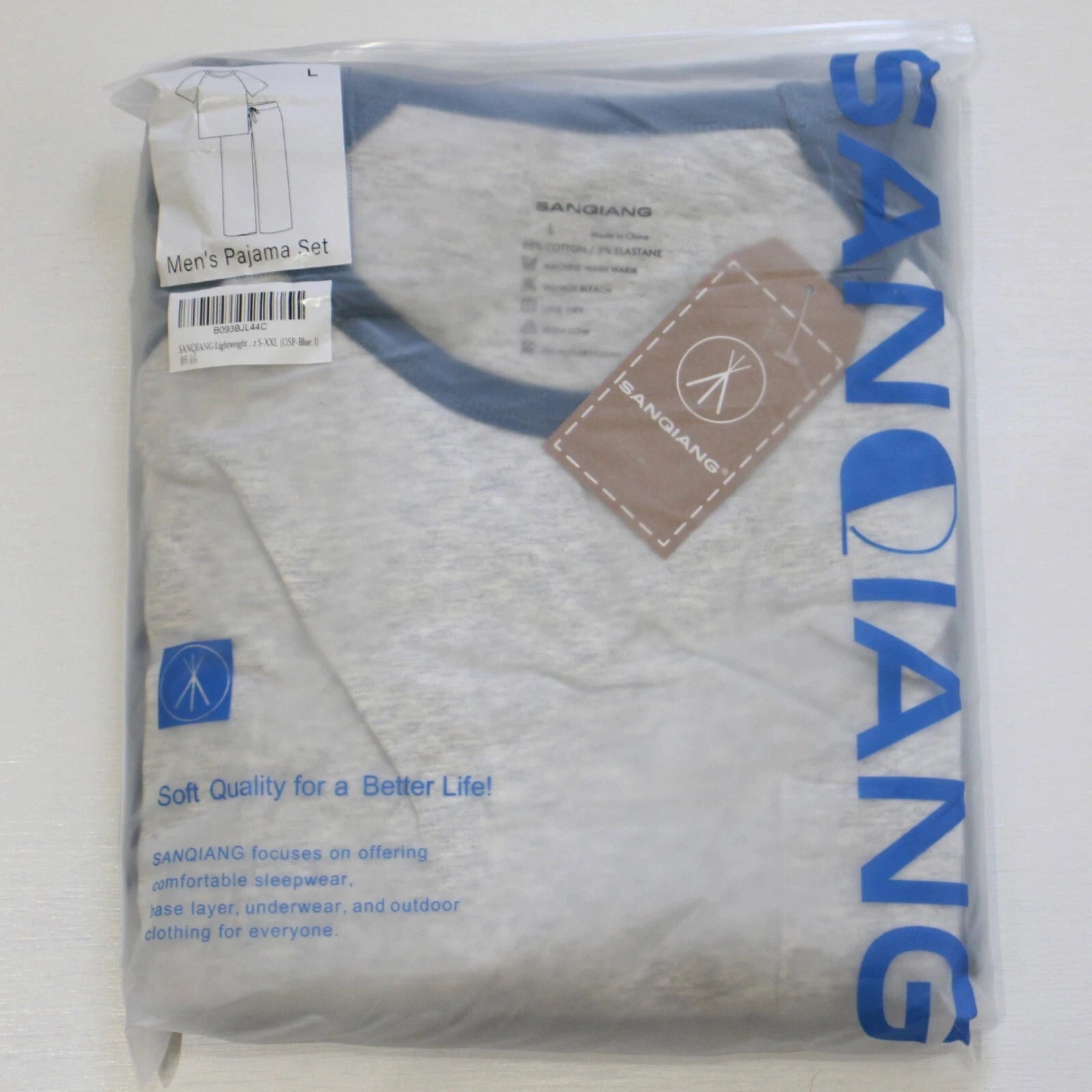 Lightweight Cotton Spandex Stretchy Long PJ Set Blue Gray Large Men's