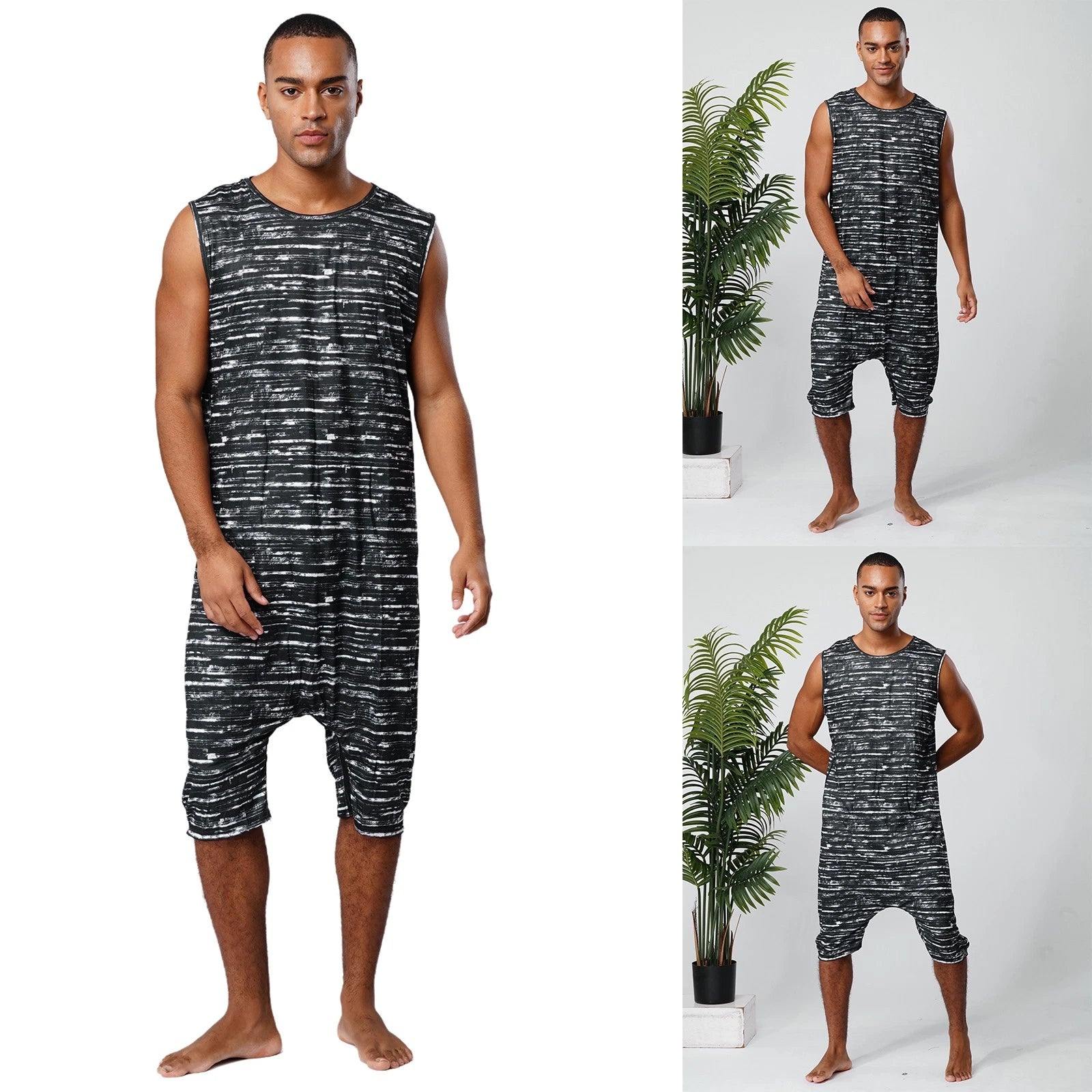 Men's Loose Romper Pajamas Jumpsuit Sleepwear Zipper Crotch One Piece Bodysuit
