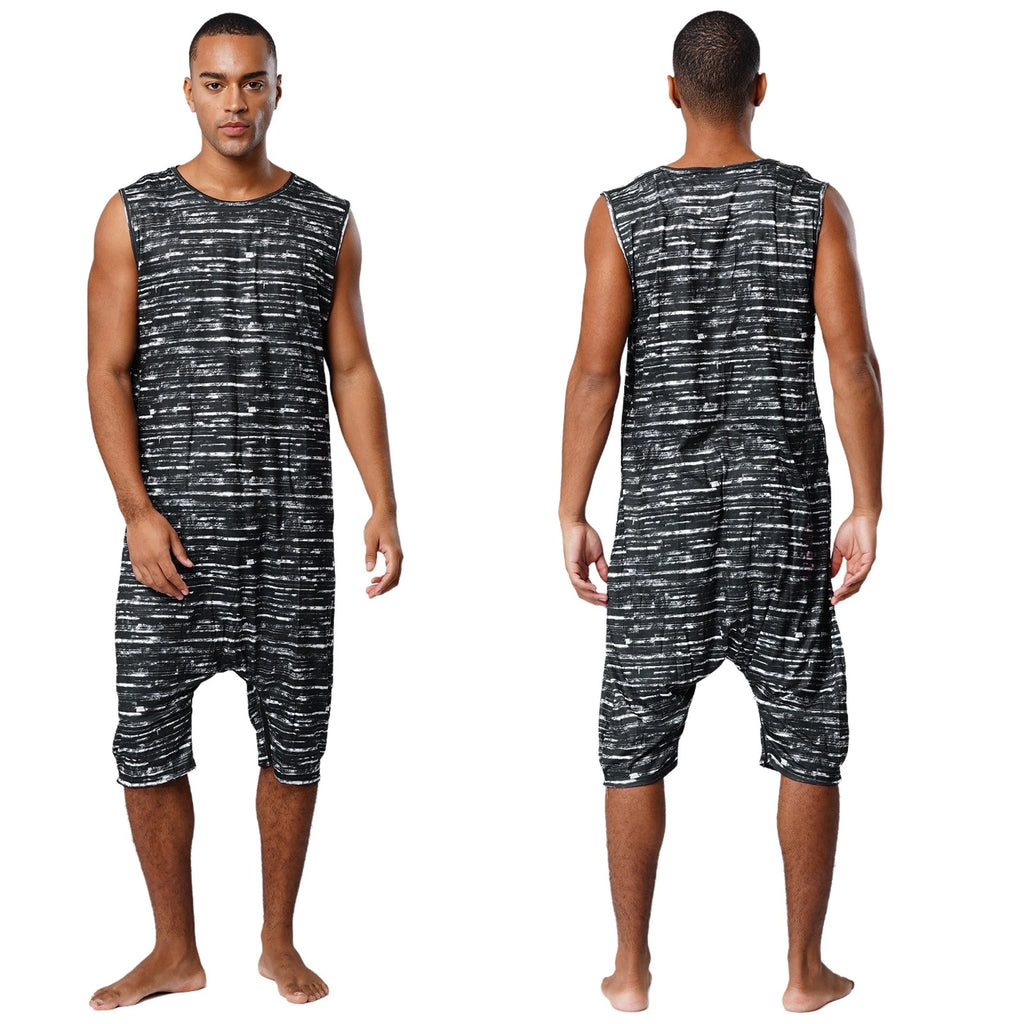 Men's Loose Romper Pajamas Jumpsuit Sleepwear Zipper Crotch One Piece Bodysuit