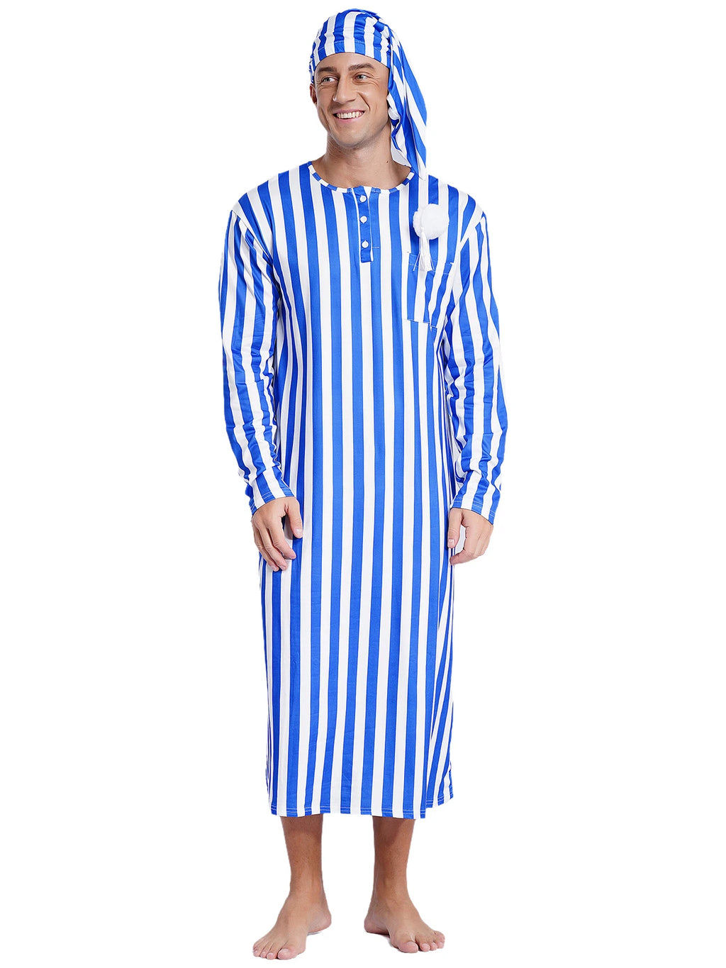 Men's Sissy Nightwear Loose Striped Robe Long Sleeve Nightshirt Cap Pajama Sets