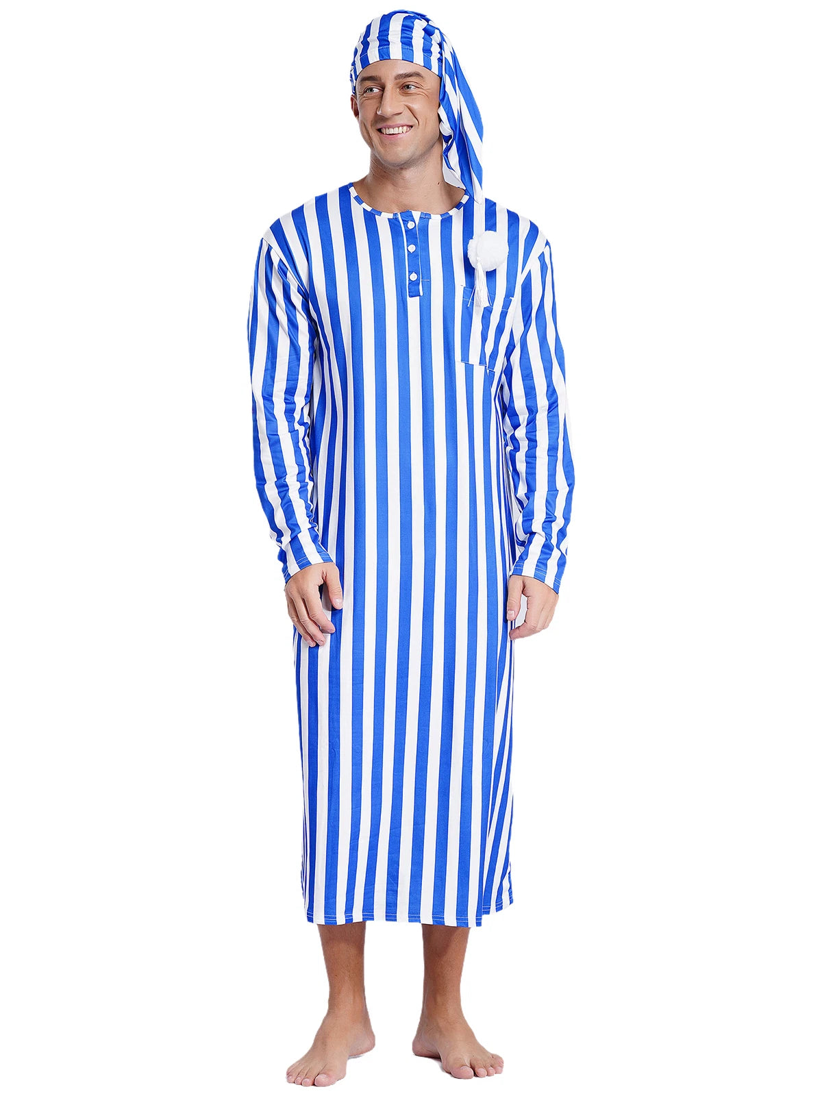 Men's Sissy Nightwear Loose Striped Robe Long Sleeve Nightshirt Cap Pajama Sets